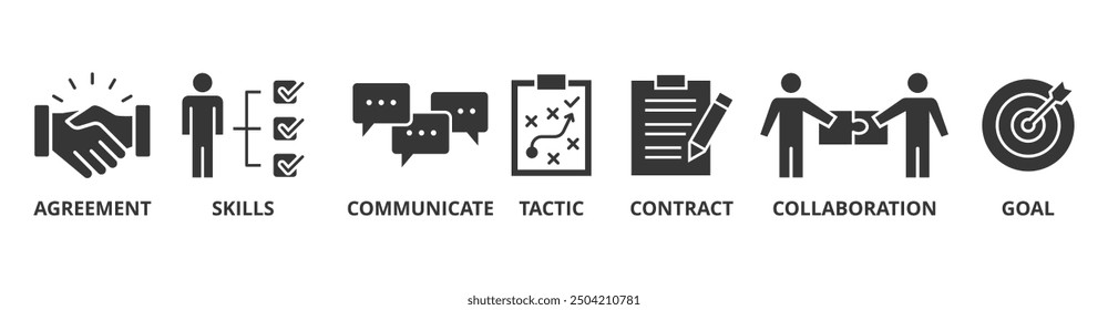 Concepto de Ilustración vectorial del icono del Web del Anuncio de la negociación para el Acuerdo del acuerdo del negocio y la colaboración con el icono de las habilidades, comunica, táctica, contrato, y objetivo