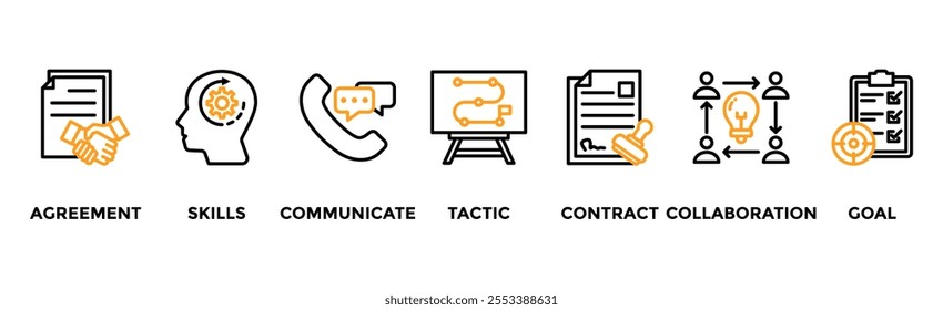 Negotiation banner web icon vector illustration concept for business deal agreement and collaboration with icon of skills, communicate, tactic, contract, and goal