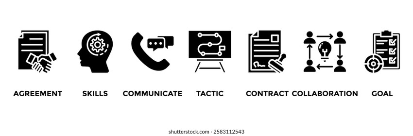 Negotiation banner web icon vector illustration concept for business deal agreement and collaboration with icon of skills, communicate, tactic, contract, and goal