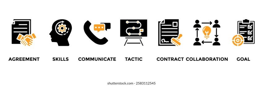 Negotiation banner web icon vector illustration concept for business deal agreement and collaboration with icon of skills, communicate, tactic, contract, and goal