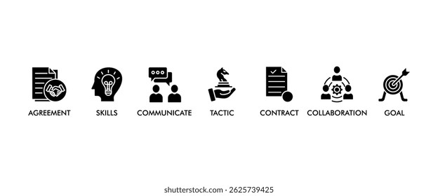 Banner de negociação ícone da Web vetor ilustração conceito para acordo de negócios e colaboração com ícone de habilidades; comunicar; tática; contrato; e meta