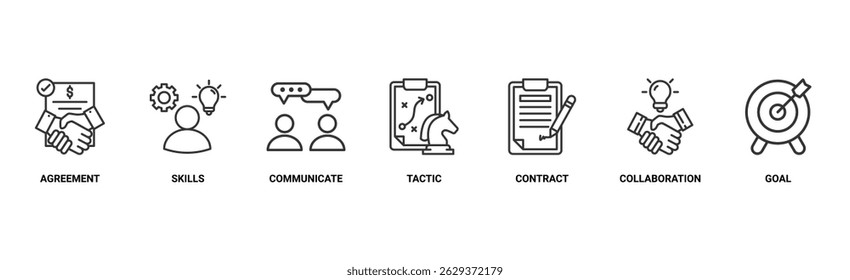 Banner de negociação ícone da Web vetor ilustração conceito para acordo de negócio e colaboração com ícone de habilidades, comunicar, tática, contrato e meta