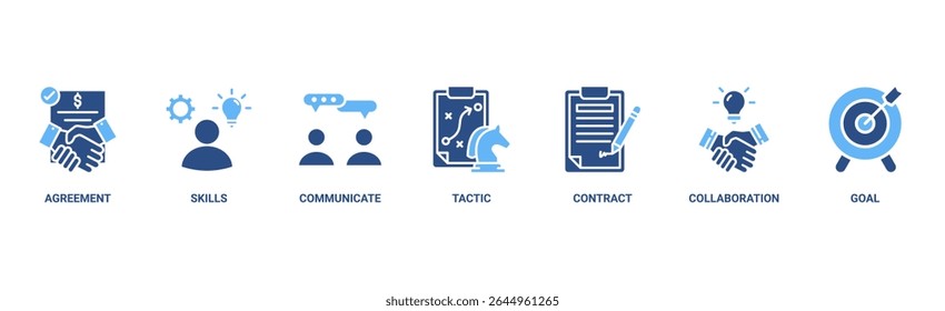 Banner de negociação ícone da Web vetor ilustração conceito para acordo de negócio e colaboração com ícone de habilidades, comunicar, tática, contrato e meta