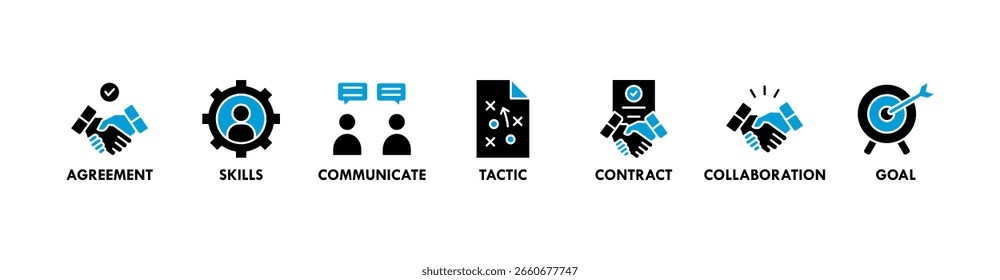 Banner de negociação ícone da Web vetor ilustração conceito para acordo de negócio e colaboração com ícone de habilidades, comunicar, tática, contrato e meta