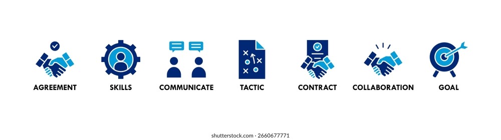 Banner de negociação ícone da Web vetor ilustração conceito para acordo de negócio e colaboração com ícone de habilidades, comunicar, tática, contrato e meta