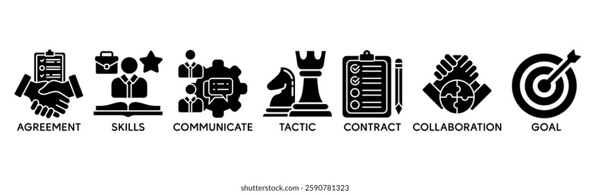 Negotiation banner website icons vector illustration concept of business deals agreement and collaboration with an icons of agreement, skills, communicate, tactic, contract on white background