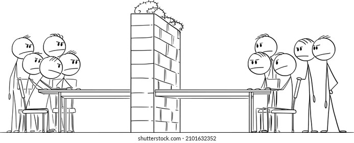 Negotiation barrier, two groups on businessmen or politician sitting at table, vector cartoon stick figure or character illustration.