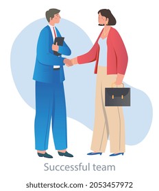 Negotiation between man and woman. Business meeting, businessmen, advantageous offer, successful deal. People shake hands, contact. Cartoon flat vector illustration isolated on white background