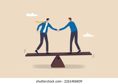Negotiation for business winning, agreement or partnership deal for both benefit, merger and acquisition, professional talk concept, businessman handshake with success negotiation over balance seesaw.