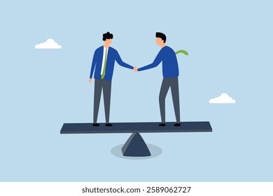 Negotiation for business winning, entrepreneur handshake with successful deal regarding equilibrium seesaw. 