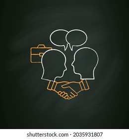 Negotiation chalk icon. Dispute resolution.Compromising. Successfully handles, resolves issues sensibly and fairly.Misunderstanding concept.Isolated vector illustration on chalkboard