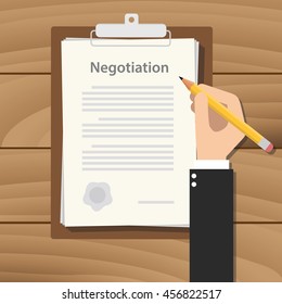 negotiation concept agreement with hand hold pencil signing paper document on clipboard on wood table 