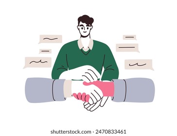 Negotiation concept. Business meeting with negotiator, mediator, communication intermediary. Handshake for agreement, peace. Cooperation concept. Flat vector illustration isolated on white background