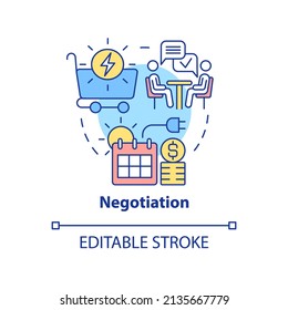 Negotiation concept icon. Discussion terms of sales energy. PPA work abstract idea thin line illustration. Isolated outline drawing. Editable stroke. Arial, Myriad Pro-Bold fonts used