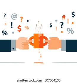 Negotiation concept, opposite opinion, difficult argument, mutual compromise. Flat design vector illustration. Compromise and disagreement concept