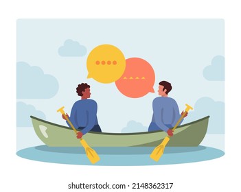 Negotiation concept. Opposite opinions, directions, interests and points of view. Making a compromise in a difficult argument. Disagreement resolution. Flat vector illustration