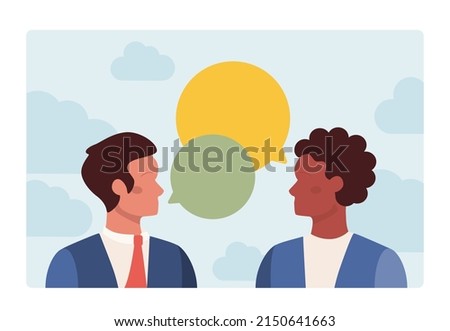 Negotiation concept. Opposite opinions, directions, interests and points of view. Making a compromise in a difficult argument. Disagreement resolution. Flat vector illustration