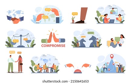 Negotiation concept set. Opposite opinions, directions, interests and points of view. Making a compromise in a difficult argument. Disagreement resolution. Flat vector illustration