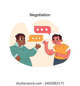 Negotiation concept. Two children engage in a civil discussion, showcasing the development of healthy communication and problem solving skills. Flat vector illustration.