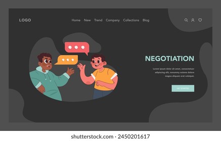 Negotiation concept. Two children engage in a civil discussion, showcasing the development of healthy communication and problem solving skills. Flat vector illustration.