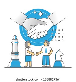 Negotiation deal and discussion compromise agreement monocolor outline concept. Partnership communication or manager vs customer trade process with price bargain final process vector illustration.