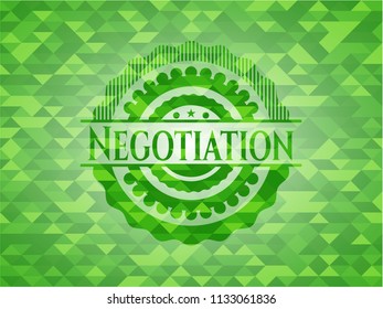Negotiation green emblem with triangle mosaic background