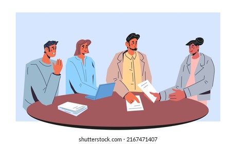 The negotiation group of company conferring at the table. Business meetings and negotiations, discussion of the terms of the contract and conclusion of a deal, flat vector illustration isolated.