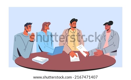 The negotiation group of company conferring at the table. Business meetings and negotiations, discussion of the terms of the contract and conclusion of a deal, flat vector illustration isolated.