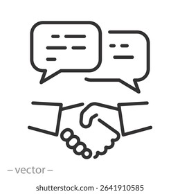 negotiation icon, business dialogue, approvals, deal thin line symbol on white background, editable stroke vector illustration eps10