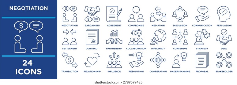 Negotiation icon collection set. Containing negotiation, bargaining, agreement, compromise, mediation, discussion, communication, persuasion. line vector.