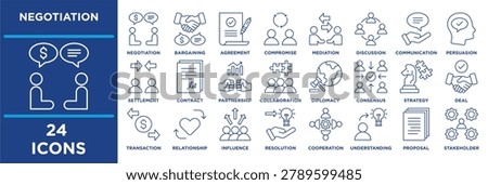 Negotiation icon collection set. Containing negotiation, bargaining, agreement, compromise, mediation, discussion, communication, persuasion. line vector.