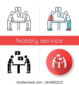 Negotiation icon. Dialogue between parties. Argument. Opposing interests. Conflict. Dispute, discussion. Lawsuit. Rivals, adversaries. Linear black and RGB color styles. Isolated vector illustrations