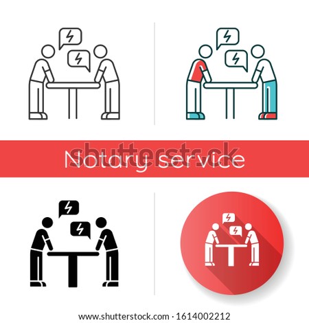 Negotiation icon. Dialogue between parties. Argument. Opposing interests. Conflict. Dispute, discussion. Lawsuit. Rivals, adversaries. Linear black and RGB color styles. Isolated vector illustrations