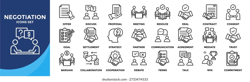 Negotiation icon set collection. pack contain deal, agreement, talk, discuss, bargain, contract, offer, terms, collaboration, partner