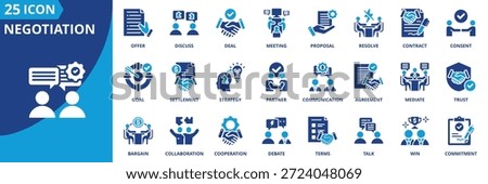 negotiation icon set collection in solid glyph dual color style. pack contain deal, agreement, talk, discuss, bargain, contract, offer, terms, collaboration, partner icon