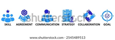 Negotiation icon set illustration concept with icon of skill,agreement,comunication,strategy,collaboration,goal	