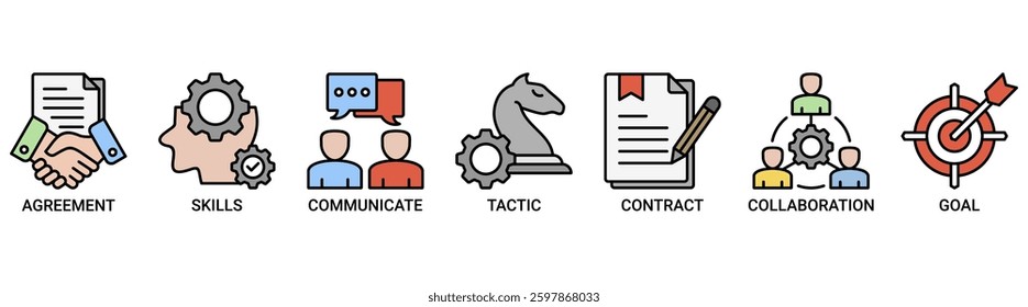 Negotiation icon set. Vector illustration concept for business deal agreement and collaboration with icon of skills, communicate, tactic, contract, and goal icons.