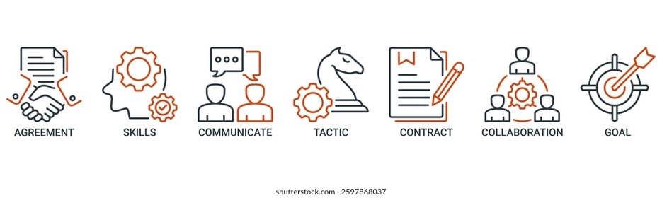 Negotiation icon set. Vector illustration concept for business deal agreement and collaboration with icon of skills, communicate, tactic, contract, and goal icons. Outline vector symbol background.