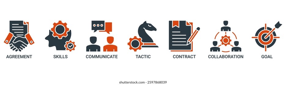 Negotiation icon set. Vector illustration concept for business deal agreement and collaboration with icon of skills, communicate, tactic, contract, and goal icons. Solid color vector symbol background