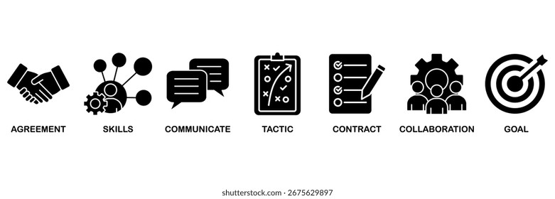Ícone de negociação define conceito de ilustração vetorial para acordo de negócios e colaboração com ícone de habilidades, comunicação, tática, contrato e meta