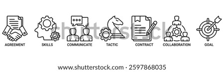 Negotiation icon set. Vector illustration concept for business deal agreement and collaboration with icon of skills, communicate, tactic, contract, and goal icons. Outline vector symbol background.
