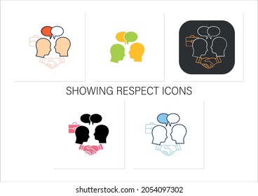 Negotiation icons set. Dispute resolution.Compromising. Successfully handles, resolves issues sensibly and fairly.Collection of icons in linear, filled, color styles.Isolated vector illustrations