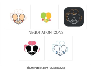 Negotiation icons set. Dispute resolution.Compromising. Successfully handles, resolves issues sensibly and fairly.Collection of icons in linear, filled, color styles.Isolated vector illustrations