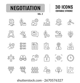 Negotiation line icon set. Editable stroke. Containing as business negotiation, deal, agreement, contract, discussion, and more. Vector illustration