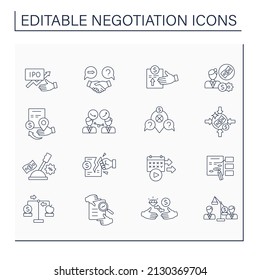 Negotiation line icons set. Conversation with potential business partners or clients. Business concept. Isolated vector illustrations. Editable stroke