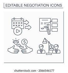 Negotiation line icons set. Starting date, amendment, logrolling, zero-sum. Business concept. Isolated vector illustrations. Editable stroke