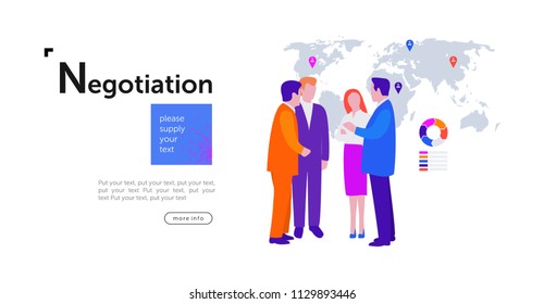 Negotiation, meeting of directors and managers on the background of a map with labels and a diagram,
discussion of the results of work and summing up, vector flat illustration

