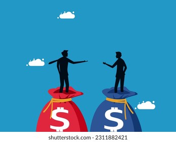 Negotiation of money and investment. Two businessmen making a deal on a big money bag
