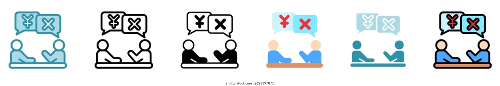 Negotiation multi style, mini illustration icon set. outline, flat, glyph, line color. vector for UI, UX, app, web, digital or print, related to trade war, economic competition, business, finance.