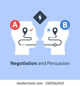 Negotiation and persuasion, communication concept, two sides, common ground, mutual understanding, vector flat illustration